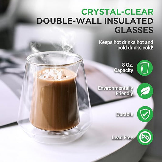 NutriChef Double Wall Insulated Glasses - 2pcs 8 oz High Borosilicate Glass Sweat Free Mugs Clear Drinkware for Hot/Cold Drinks, Coffee, Espresso, Cappuccino, Latte, Tea, Microwavable, Dishwasher Safe