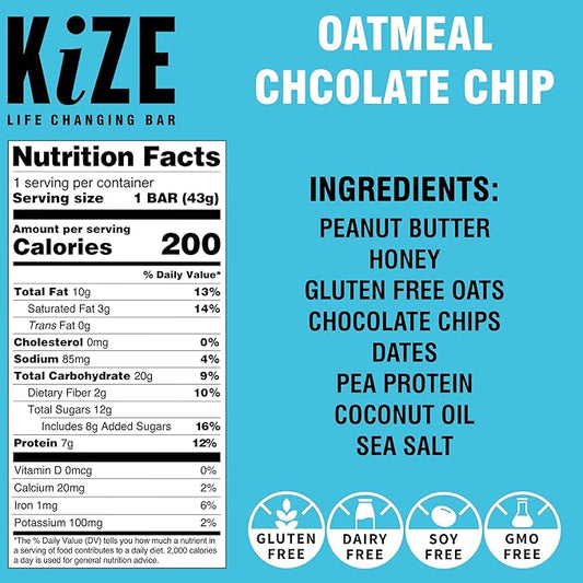 KiZE Energy Bars - Oatmeal Chocolate Chip - 30-Count - Gluten Free, Dairy Free, Non-GMO, and High Protein Meal Replacement Energy Bars, Clean and Simple Food Ingredients - 7g High Protein Snacks (30 Count)