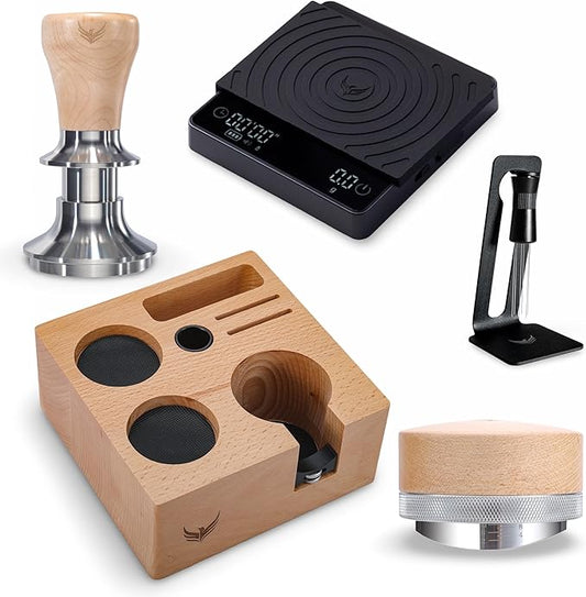 54 mm Espresso Accessories for Breville – Maple Handle Tamper, Espresso Organizer, Adjustable Distribution Tool, WDT Prep Device & Rechargeable Coffee Scale