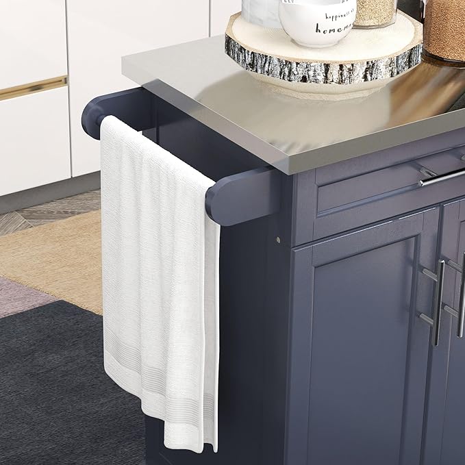 HOMCOM Kitchen Island on Wheels, Rolling Kitchen Cart with Stainless Steel Countertop, Drawer, Towel Rack and Spice Rack, Utility Storage Trolley, Deep Blue