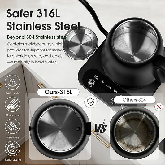 Gooseneck Electric Kettle Temperature Control: ±1℉ Precise Target & Keep Warm, Quick Heating 316L Stainless Steel Electric Kettles for Boiling Water, Pour Over Coffee, Brew Tea & Milk, 1000W/0.8L