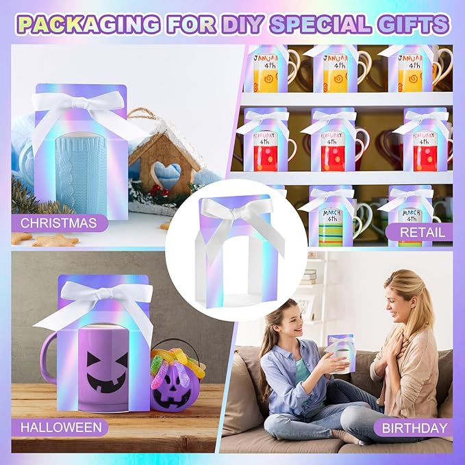Kosiz 36 Pcs Mug Boxes Sublimation Coffee Mugs Gift Bags with Window Packaging Storage Box for Shipping Selling Wedding Valentines Gift Packaging Wrapping (for 11oz Mug,Bright Color)
