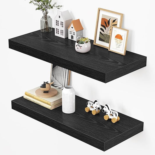 Dreamland 32" Floating Shelves for Wall, 12" Deep Thicker Black Floating Shelves, Wall-Mounted Shelves for Bedroom, Living Room, Kitchen, Bathroom - Set of 2