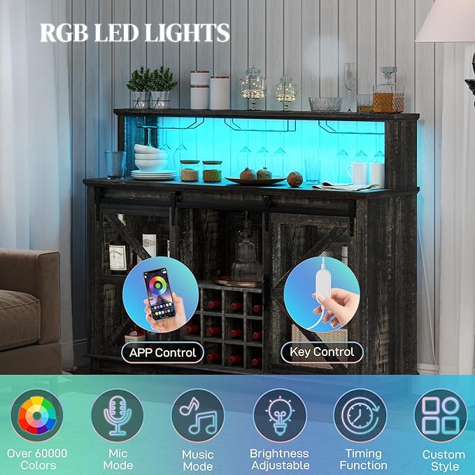 HOMCOM Farmhouse Coffee Bar Cabinet with Smart App Control LED Lights, 55" Wine Bar Cabinet with 12-Bottle Rack, Glass Holder, Kitchen Sideboard Buffet with Sliding Mesh Doors, Distressed Dark Brown