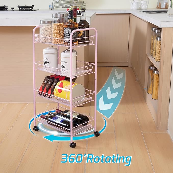 PLKOW 4-Tier Metal Rolling Utility Cart, Multi-Functional Storage Cart for Office, Living Room, Kitchen, Bathroom, Lightweight Organizer Cart with Wheels, Pink