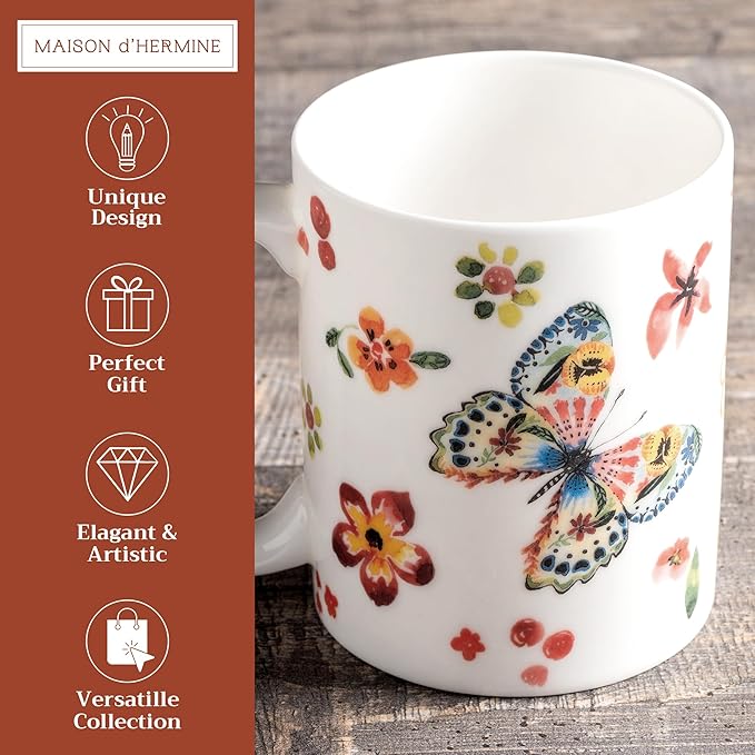Maison d' Hermine Coffee Mug with Handles Fine Bone China Mugs Pack of One Tea Cups for Hot Beverages Cappuccino Latte Home Office Perfect for Gift (Happy Florals - High Summer Butterfliess, 15 Ounce)