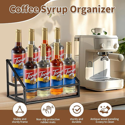 YQBRAO 2-Tier Coffee Syrup Organizer - 8 Bottle Rack for Coffee Bar, Kitchen Station - Stand and Holder for Syrup, Wine, Dressing