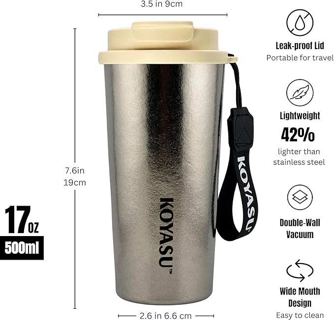 100% Titanium Body 16oz Travel Mug – Double-Wall Insulated Cup, Leak-Proof Lid, Lightweight, BPA-Free Metal Tumbler, Wide Mouth, Durable & Uncoated, Hot 6H/Cold 24H, for Camping or Commute (Lunar)