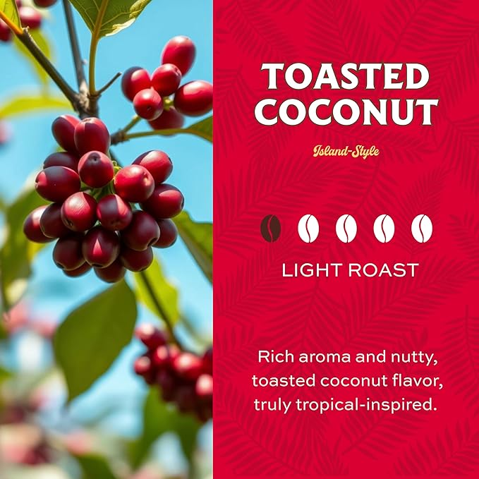 Lion Coffee, Arabica Coffee Beans, Light Roast, Premium Ground Coffee, Toasted Coconut Flavor, A Taste of Aloha, 10 Ounce Bag
