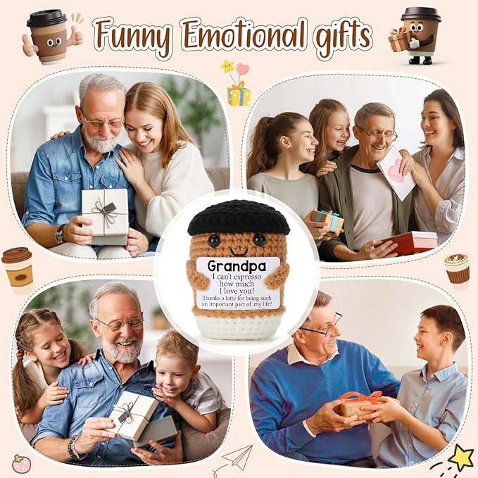 Mini Coffee Grandpa Gifts from Granddaughter Grandson Grandkids, Birthday Fathers Day Handmade Crochet I Love You Grandfather Gifts for Grandpa, Emotional Positive Crochet Coffee Decor Gift