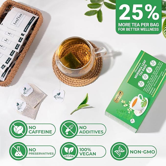LeafLea 80 Moringa Tea Bags, Made from Natural Moringa Leaves, Caffeine-Free Herbal Tea, Sugar-Free, Individually Wrapped for Fresh Flavor (Pack of 2)