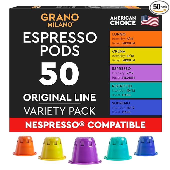 Grano Milano Lungo - 50 Espresso Pods Compatible with Nespresso Original line, 100% Arabica Medium Roast - Intensity 7/12, Coffee Capsules Made in Italy Espresso Coffee
