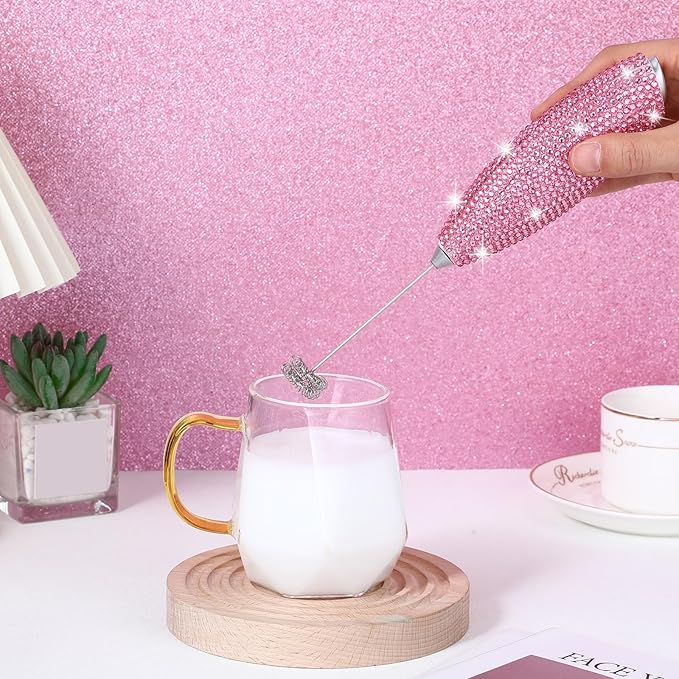 Rhinestone Milk Frother with Stand Sparkly Handheld Battery Operated Electric Foam Maker with Bling Handle, Single Coil Head Whisk Coffee Drink Mixer for Lattes Matcha(Pink)