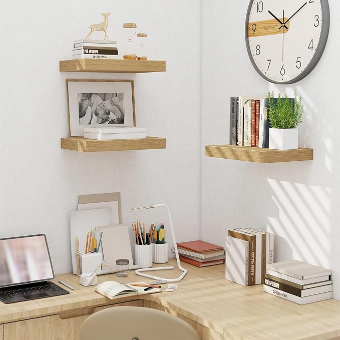 Fun Memories Floating Shelves for Wall - 10 x 16 Floating Shelf - Rustic Wood Storage Shelf - Wall Shelves with Invisible Bracket - 16" Bookshelves for Living Room & Bedroom - Oak - Set of 2