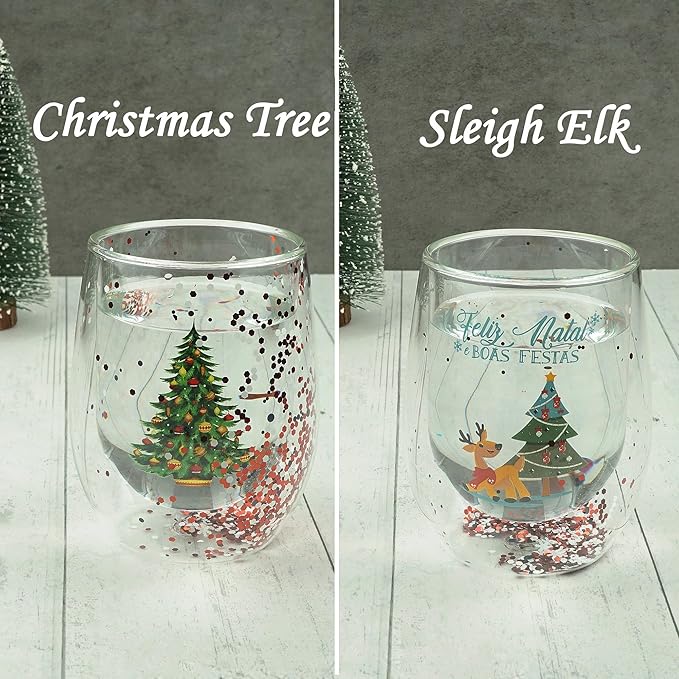 Christmas Mugs, 8 oz Double Wall Insulated Glass Coffee Mugs Set of 2, Cute Funny Mugs Coffee Cups for Cappuccino, Latte, Americano, Tea, Wine and Beverage