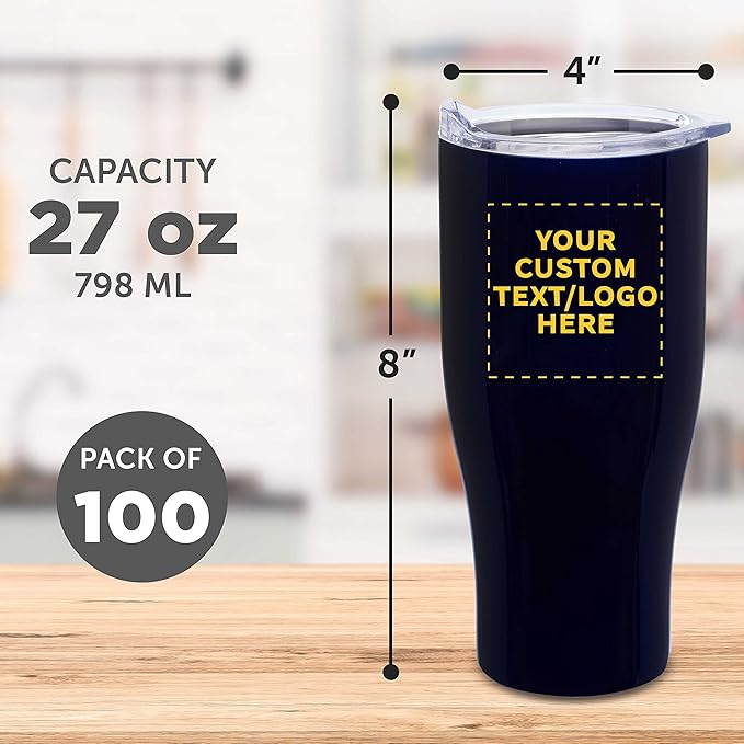 DISCOUNT PROMOS 100 Stainless Steel Grip Travel Mugs Set, 27 oz. - Customizable Text, Logo - Vacuum Insulated, Plastic Lid - Blue