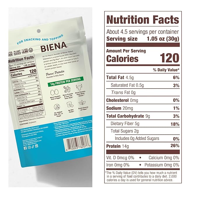 Biena Crispy Roasted Edamame Beans Snack – Naked – No Salt Low Sodium High Protein Snack for Adults & Kids, 14g Protein per Serving – Sugar/Oil/Salt Free – Vegan, Low Carb, Gluten-Free – 3-Pack 4.75oz