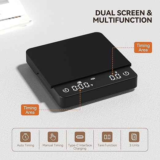 Mini Coffee Scale with Auto Timing, Espresso Scale with Timer, 2kg/0.1g High Precision Scale for Coffee Beans, Black, Rechargeable