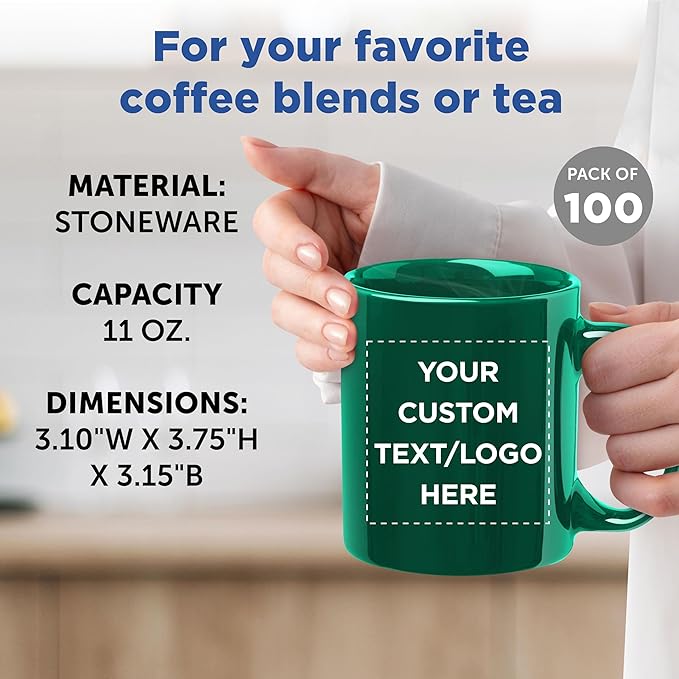 Custom Ceramic Coffee Mugs 11 oz. Set of 100, Personalized Bulk Pack - Coffee cup set, Iced coffee cup, Gaming mug - Green