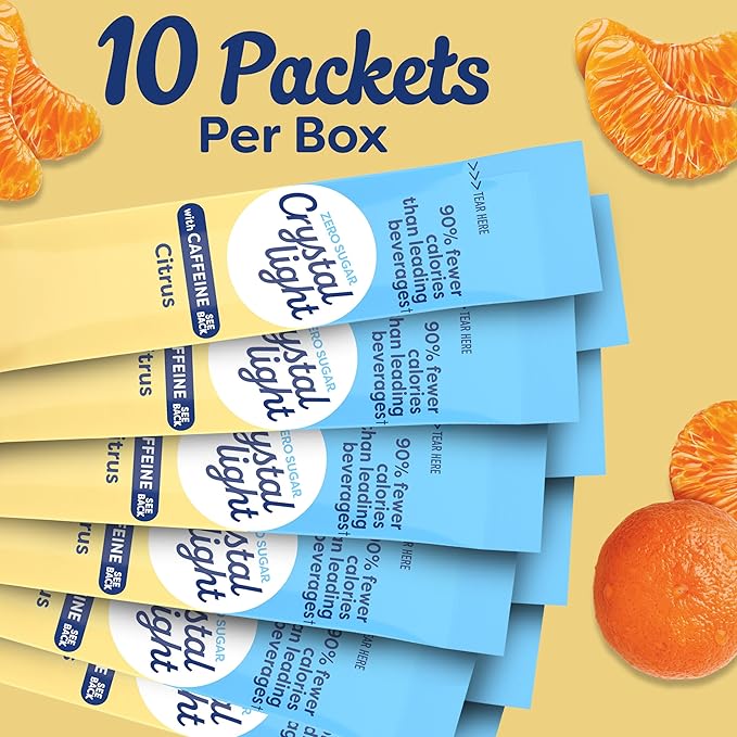 Crystal Light Drink Mix with Caffeine, 10 Packets, for Convenient On-the-Go Flavorful Hydration, Citrus Natural Flavor, Zero Sugar, 0.9 oz
