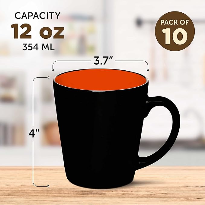 DISCOUNT PROMOS Ceramic Coffee Latte Mugs 12 oz. Set of 10, Bulk Pack - Perfect for Coffee, Tea, Espresso, Hot Cocoa, Other Beverages - Orange