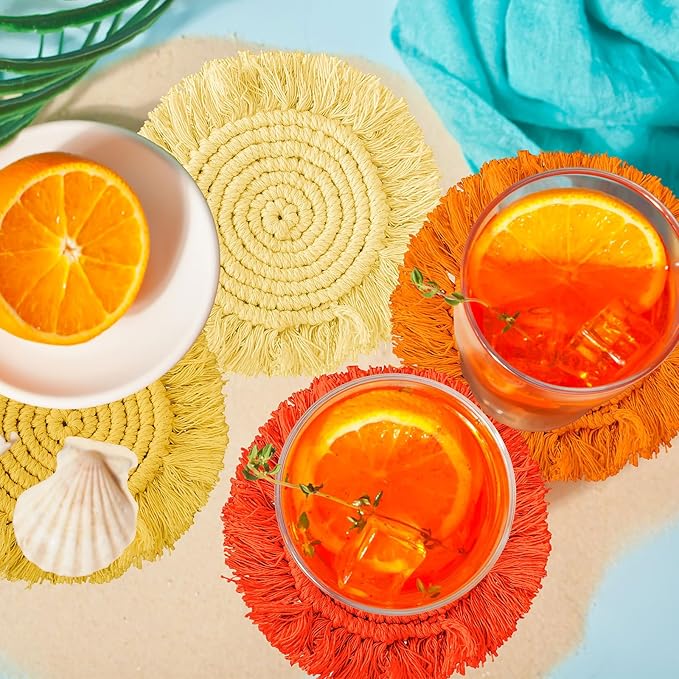 Whaline 4Pcs Boho Macrame Coasters Yellow Orange Handmade Woven Drink Coasters Farmhouse Rustic Cup Mat Pad for Home Kitchen Office Fall Party Table Decor