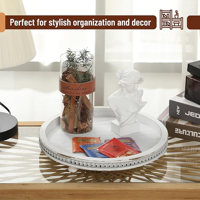 Bamboo Land- Round Decorative Trays for Coffee Table, 12", White, Wood Tripod & Beaded Design, Wooden Round Tray for Coffee Table