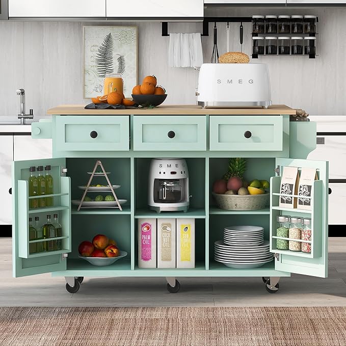 Yayzy Rolling Kitchen Island with Drop Leaf & Cabinet Door Storage Racks, 53” Kitchen Cart with 3 Drawers, Rubberwood Top, Locking Wheels, for Kitchen and Dining Room, Mint Green