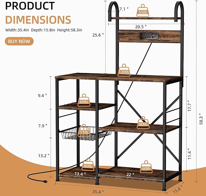 Shintenchi Kitchen Bakers Rack with Power Outlet, Multifunctional Organizer & Storage with 6 Hooks, Microwave Oven Stand, and Coffee Station Shelf, Vintage Brown
