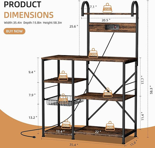 Shintenchi Kitchen Bakers Rack with Power Outlet, Multifunctional Organizer & Storage with 6 Hooks, Microwave Oven Stand, and Coffee Station Shelf, Vintage Brown