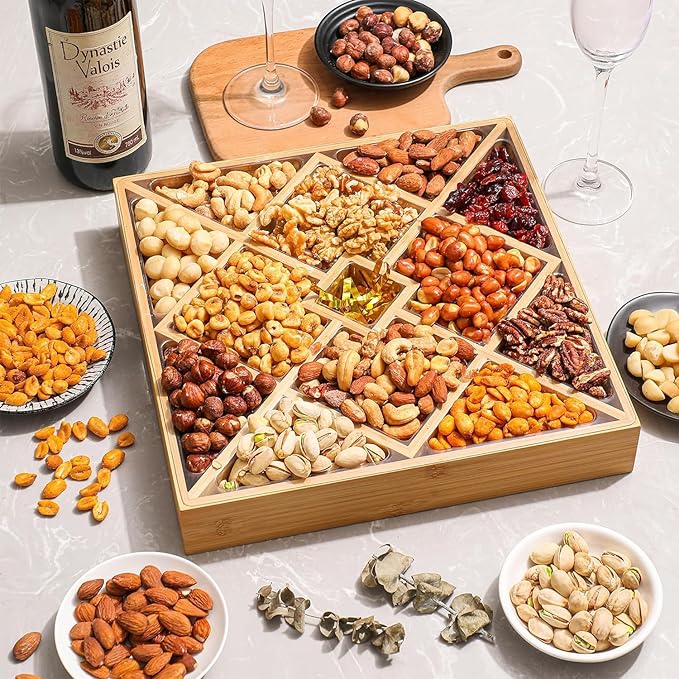 Gourmet Mixed Nuts Gift Basket with Lazy Susan in Sleek Bamboo Wood Reusable Platter | XL 2.5 lb Platter Includes 12 Assortments of Premium Nuts, Kosher