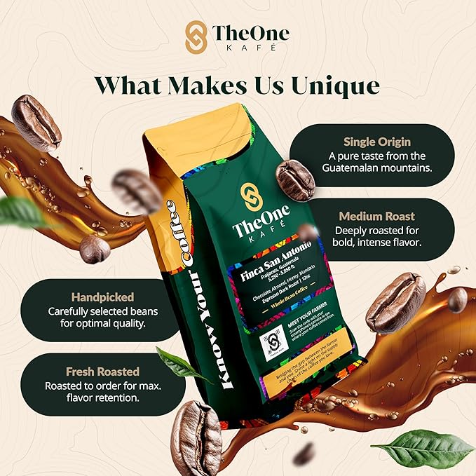 TheOne Kafé Guatemala Dark Roast Whole Bean Coffee – Organic, Single Origin, Premium Specialty Coffee and Ethically Sourced – Fresh Roasted for Espresso, Drip, Pour Over – 12 oz (Pack of 2)