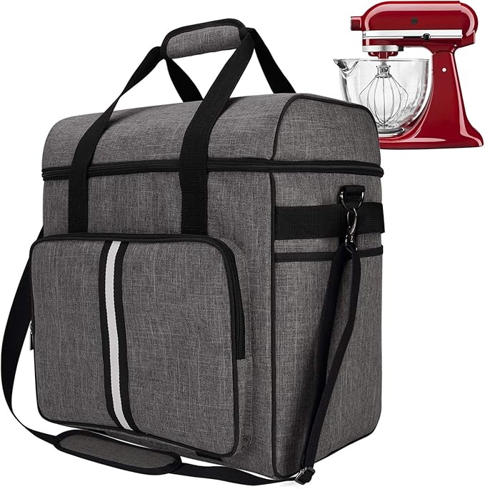 BAGLHER Heavy Duty Kitchen Mixer Cover for 6-8 Quart Stand Mixers, 2-in-1 Shoulder & Hand Carrying Case with Accessory Pockets (15”x10.5”x17”, Grey)