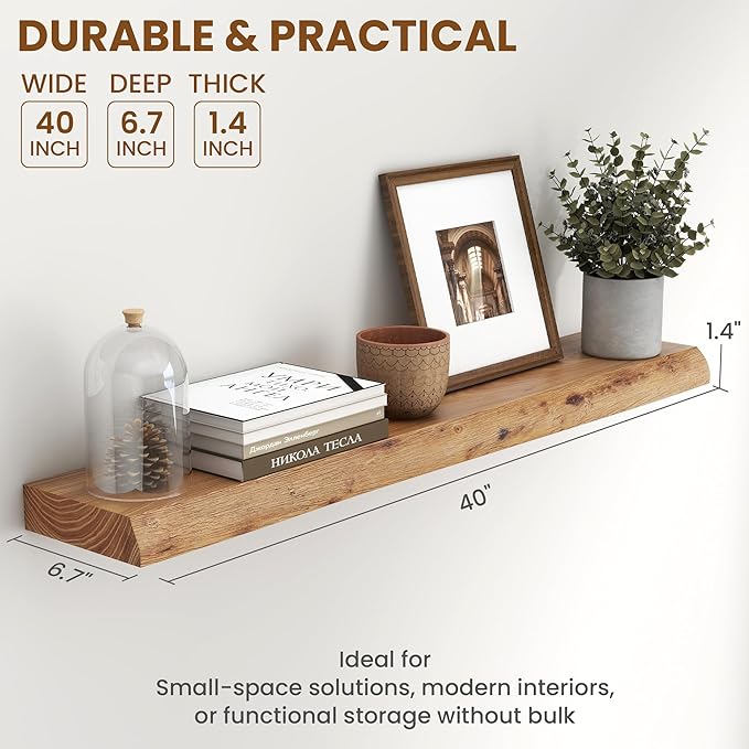 Live Edge Elm Wood Floating Shelves, 40 Inch Long Wall Shelves 1 Pack Shelf for Farmhouse Bedroom Bathroom Kitchen, Wall Mounted Wooden Shelf with Invisible Bracket for Books Decor, Natural