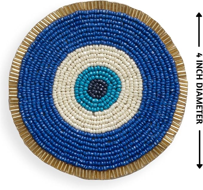 Folkulture Hand-Crafted Evil Eye Beaded Coasters Set of 4 | Handmade Round Drink Coasters for Coffee Table & Bar | Boho Modern Home Décor | Housewarming Gifts, Valentine Gifts