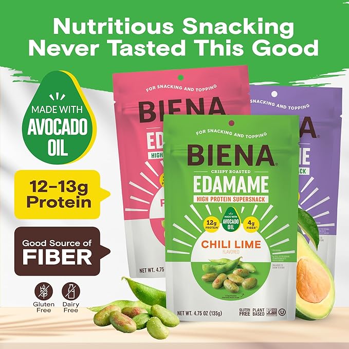 Biena Crispy Roasted Edamame Beans Snack – High Protein Snack for Adults & Kids, 12g-13g Protein per Serving - Made with Avocado Oil – Vegan, Low Carb, Gluten-Free – 3-Pack 4.75oz Variety Pack