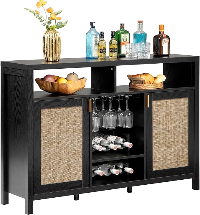 SICOTAS Rattan Coffee Bar Cabinet, 51" Sideboard Buffet Cabinet with Storage, Modern Liquor Cabinet with Wine Racks Credenza Console Buffet Table for Home Living Dining Room, Black Oak