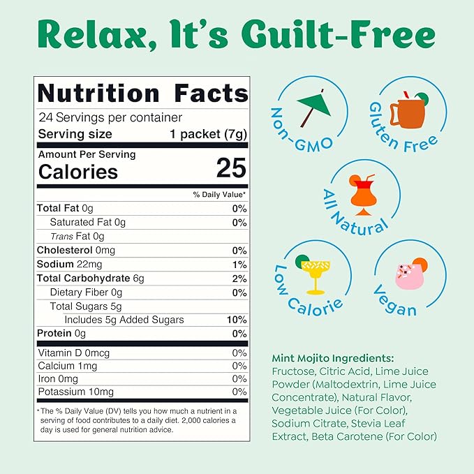 Craftmix Mint Mojito Cocktail & Mocktail Drink Mixer, Skinny Mixes - Water Flavoring Packets - Made With Real Fruit - Vegan Low-Carb, Low-Sugar, Non-GMO, Dairy Free, Gluten Free, 24 Pack