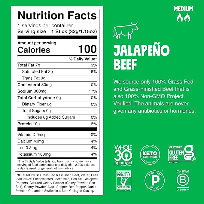 Chomps Grass-Fed and Finished Jalapeño Beef Jerky Snack Sticks 10-Pack - Keto, Paleo, Whole30, 10g Lean Meat Protein, Gluten-Free, Zero Sugar Food, Non-GMO