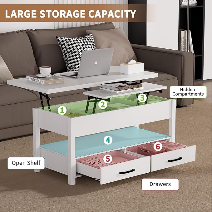 42'' Lift Top Coffee Table, 4-in-1 Multifunctional Lift Coffee Table with Storage & Hidden Compartments, Farmhouse Coffe Table with Lifting top for Living Room, Dining Reception Room, White