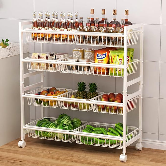 Cinati 4-Tier Snack Cart with Wheels, 29''W Toy Storage Organizer, Rolling Pantry Storage Cart with 10 Wire Baskets & Handle,Adjustable Metal Snack Rack, Kitchen Organizer for Fruit, Vegetables(White)