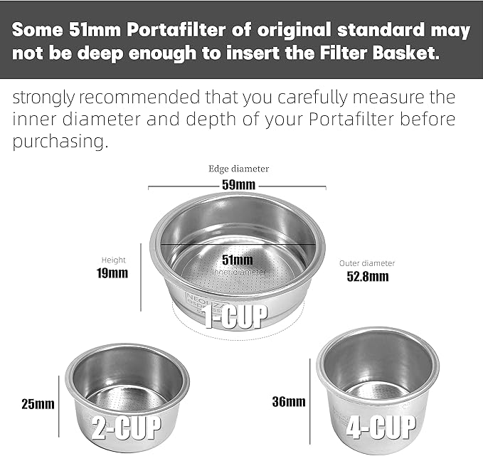 NEOUZA 51mm Stainless Steel Filter Basket 1/2/4 Cup for Espresso Bottomless Portafilter,compatible with Delonghi,Yabano,Breville 51mm Coffee Machine.Gift: Blind Filter and Scoop Clip