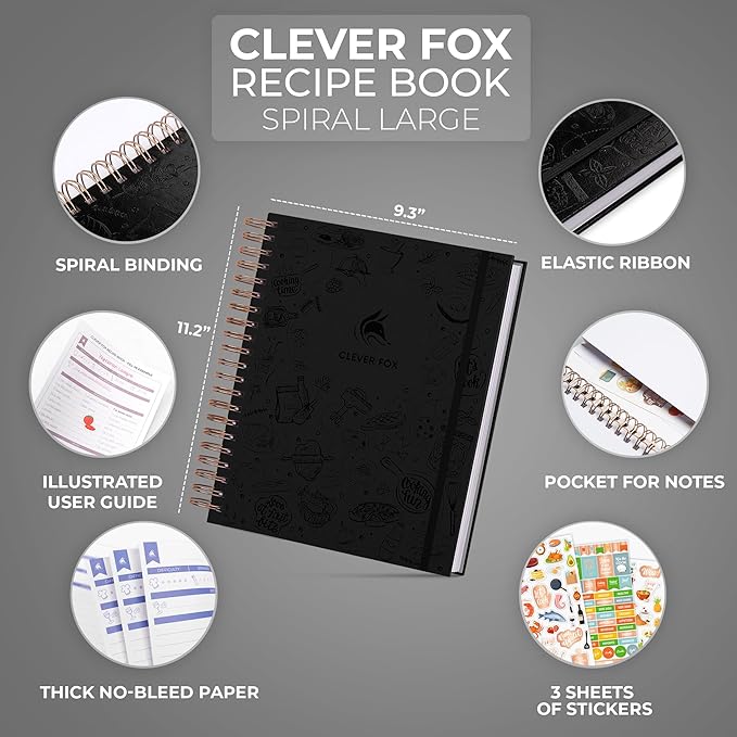 Clever Fox Recipe Book Spiral – Blank Family Cookbook – Empty Cooking Journal – Notebook Organizer to Write In Recipes – Large (Black)