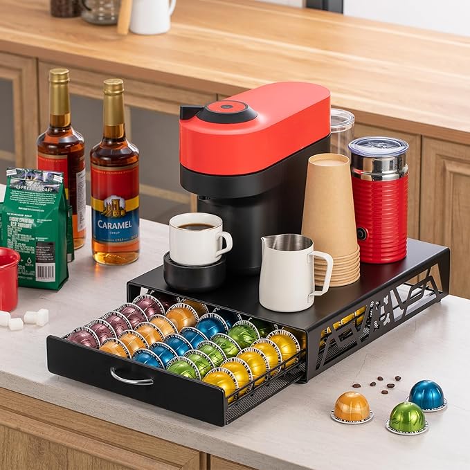 ZCDCP Pod Holder - Modern Sleek Black Metal Capsule Organizer for Nespresso Pods, Stylish Coffee Machine Stand for Coffee Bar, Office or Home Kitchen(50 Pods Capacity)