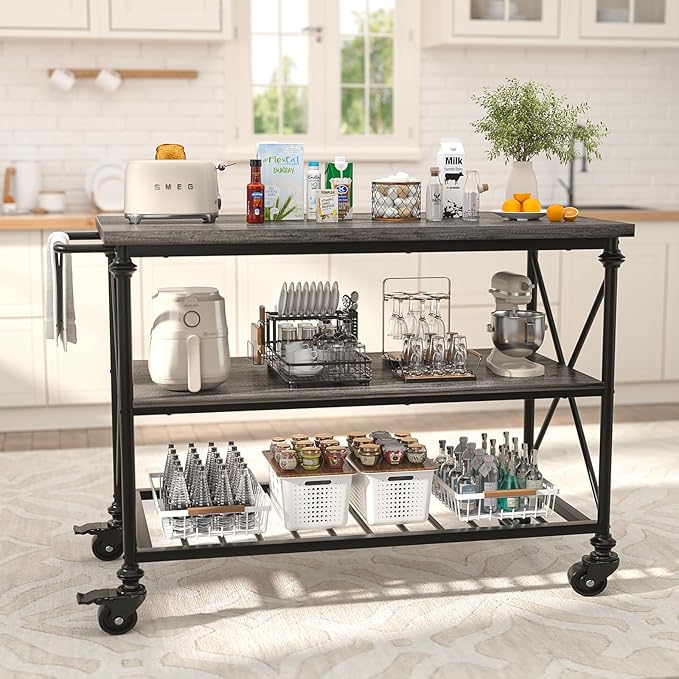 Homieasy Kitchen Island Cart with Wheels, 3-Tier Wood and Metal Rolling Kitchen Island Table with Pipe Legs, Storage Shelves & Lockable Casters for Kitchen Dining Room, Black Oak