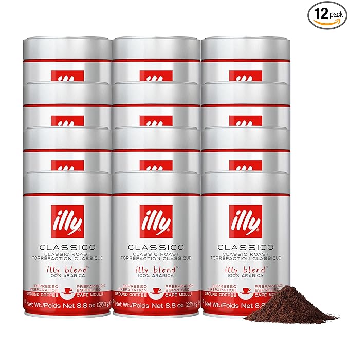 illy Ground Espresso Coffee, Classico Medium Roast, 100% Arabica, Premium Italian Coffee, Pre-Ground for Espresso Machines, 8.8oz, 12 Pack