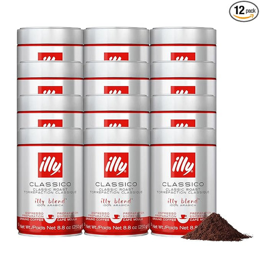 illy Ground Espresso Coffee, Classico Medium Roast, 100% Arabica, Premium Italian Coffee, Pre-Ground for Espresso Machines, 8.8oz, 12 Pack