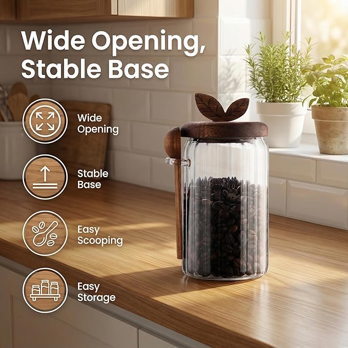 Glass Coffee Canister with Wooden Lid & Spoon, Airtight Food Storage Jar for Coffee, Sugar, Salt, Tea & Snacks (17floz)