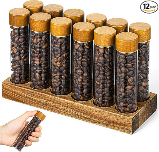 12 Pack Single Dose Coffee Bean Storage Tubes with Wooden Stand, Coffee Bean Cellar Container with Walnut Solid Wood Base, Espresso Beans Canisters Set (2 OZ)