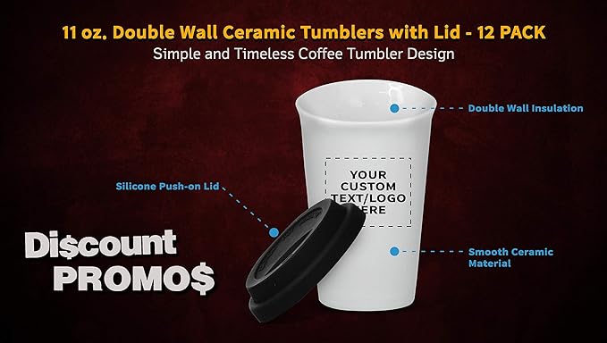 Personalized 11 oz. Double Wall Ceramic Tumblers with Lid - 12 Pack - Custom Text, Logo - Black